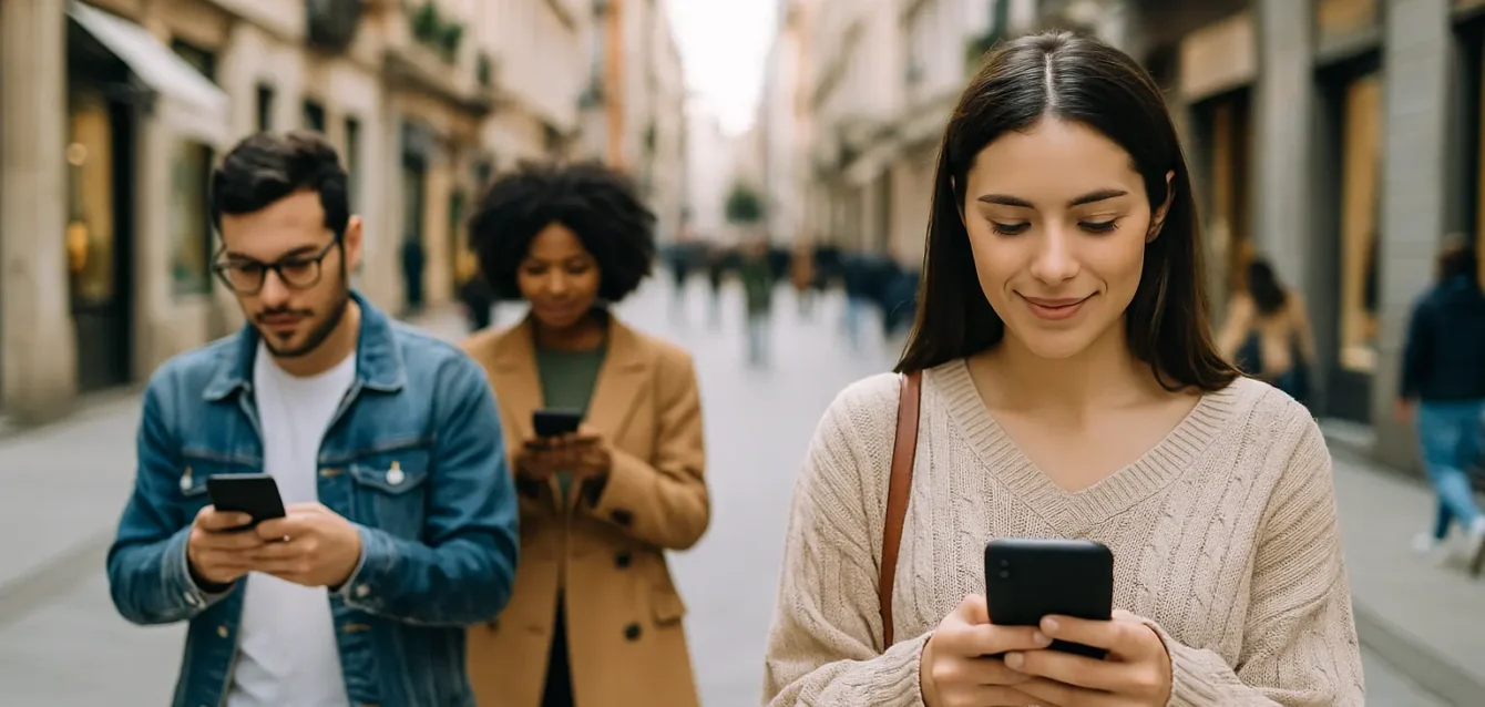 Personas caminando por una calle mientras crean contenido digital con sus smartphones. Una representación de lo qué es UGC.