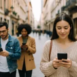 Personas caminando por una calle mientras crean contenido digital con sus smartphones. Una representación de lo qué es UGC.