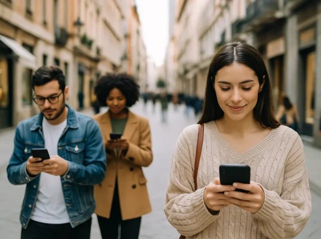Personas caminando por una calle mientras crean contenido digital con sus smartphones. Una representación de lo qué es UGC.