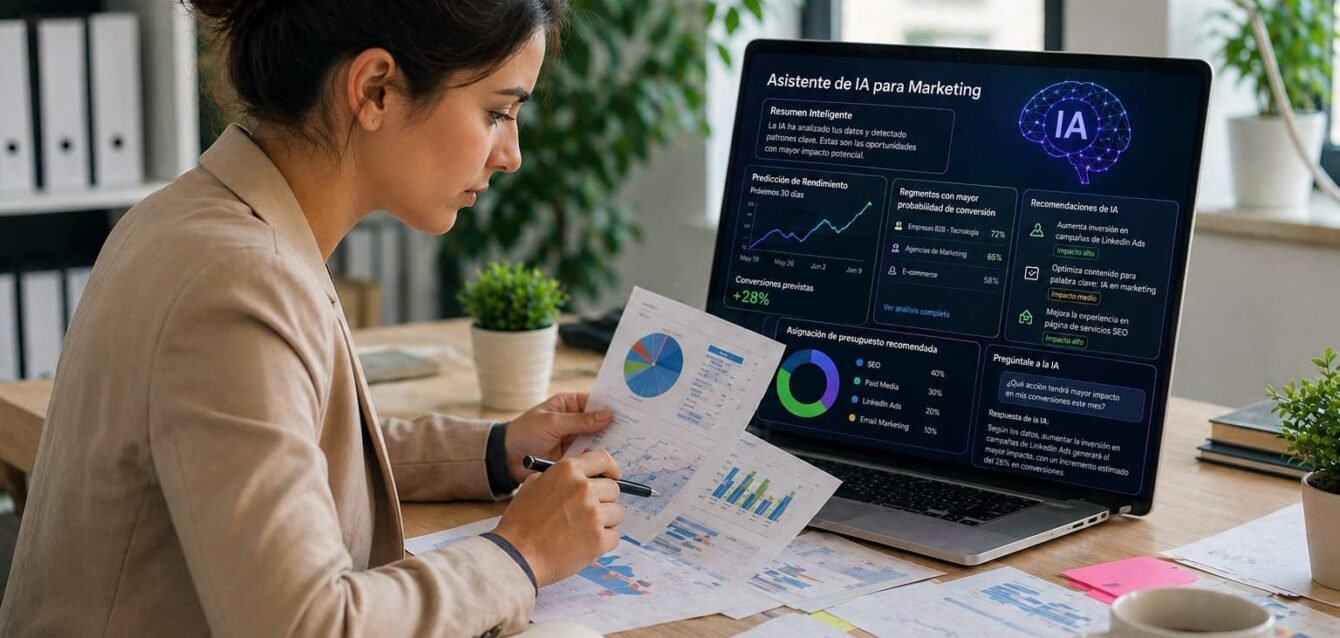 profesional analizando datos de marketing con inteligencia artificial en ordenador portátil