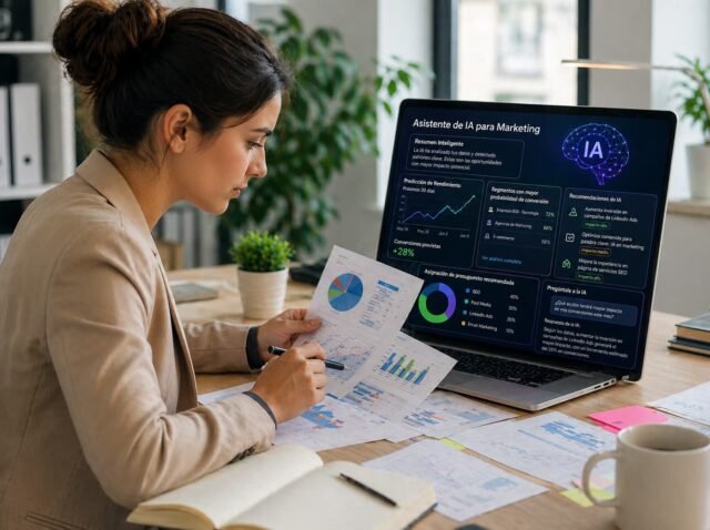 profesional analizando datos de marketing con inteligencia artificial en ordenador portátil