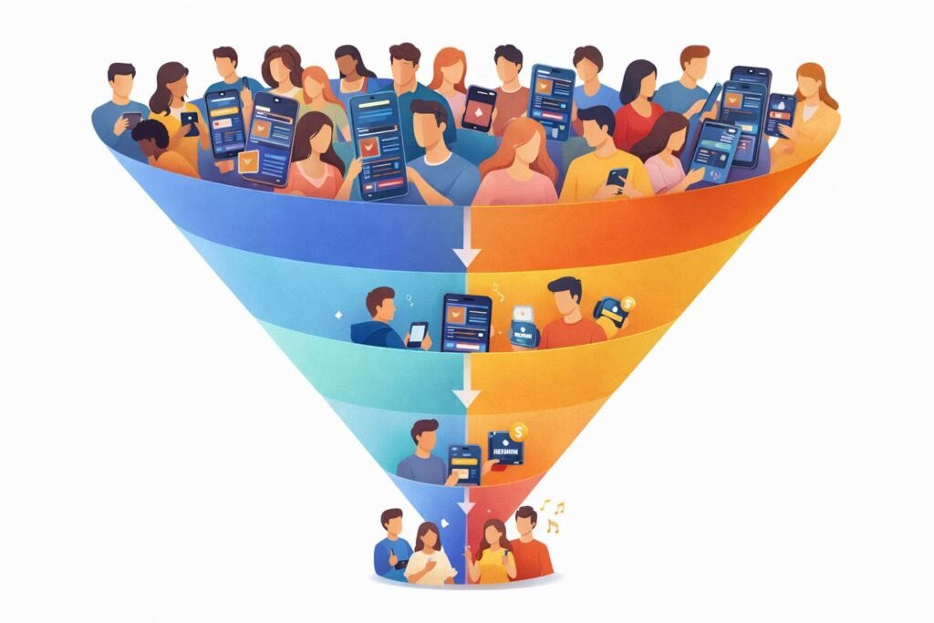 embudo de ventas con fases de atracción interés decisión y fidelización en estrategia de marketing digital