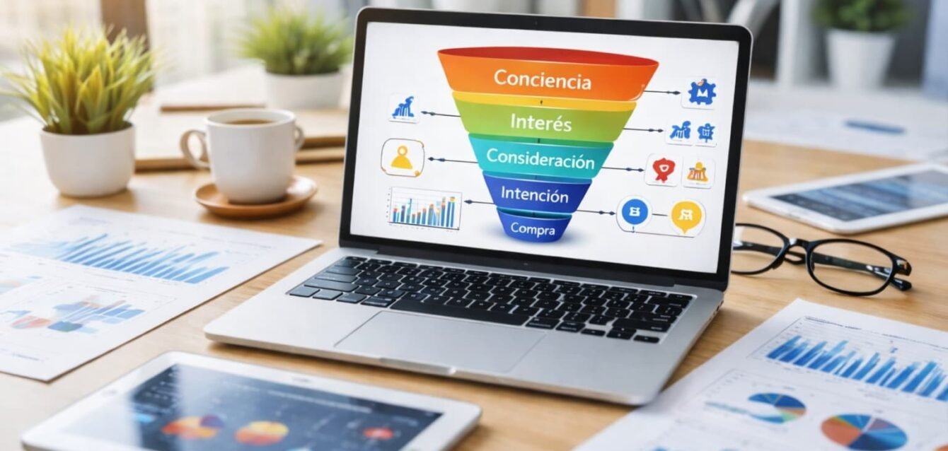 Embudo de marketing digital con fases awareness, interés, consideración y conversión en estrategia B2B