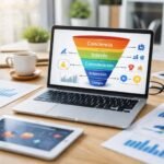 Embudo de marketing digital con fases awareness, interés, consideración y conversión en estrategia B2B