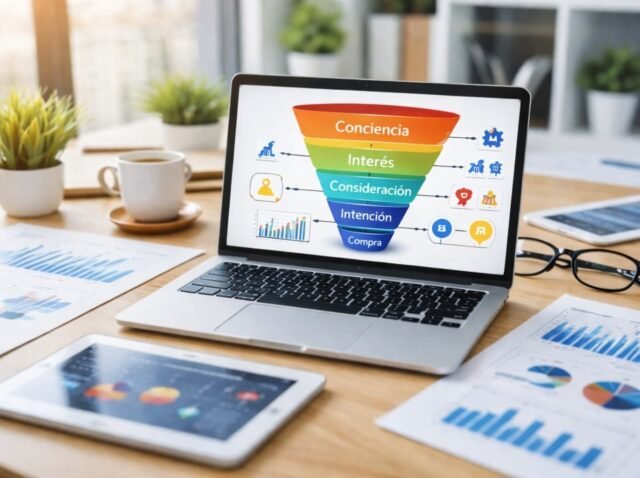 Embudo de marketing digital con fases awareness, interés, consideración y conversión en estrategia B2B