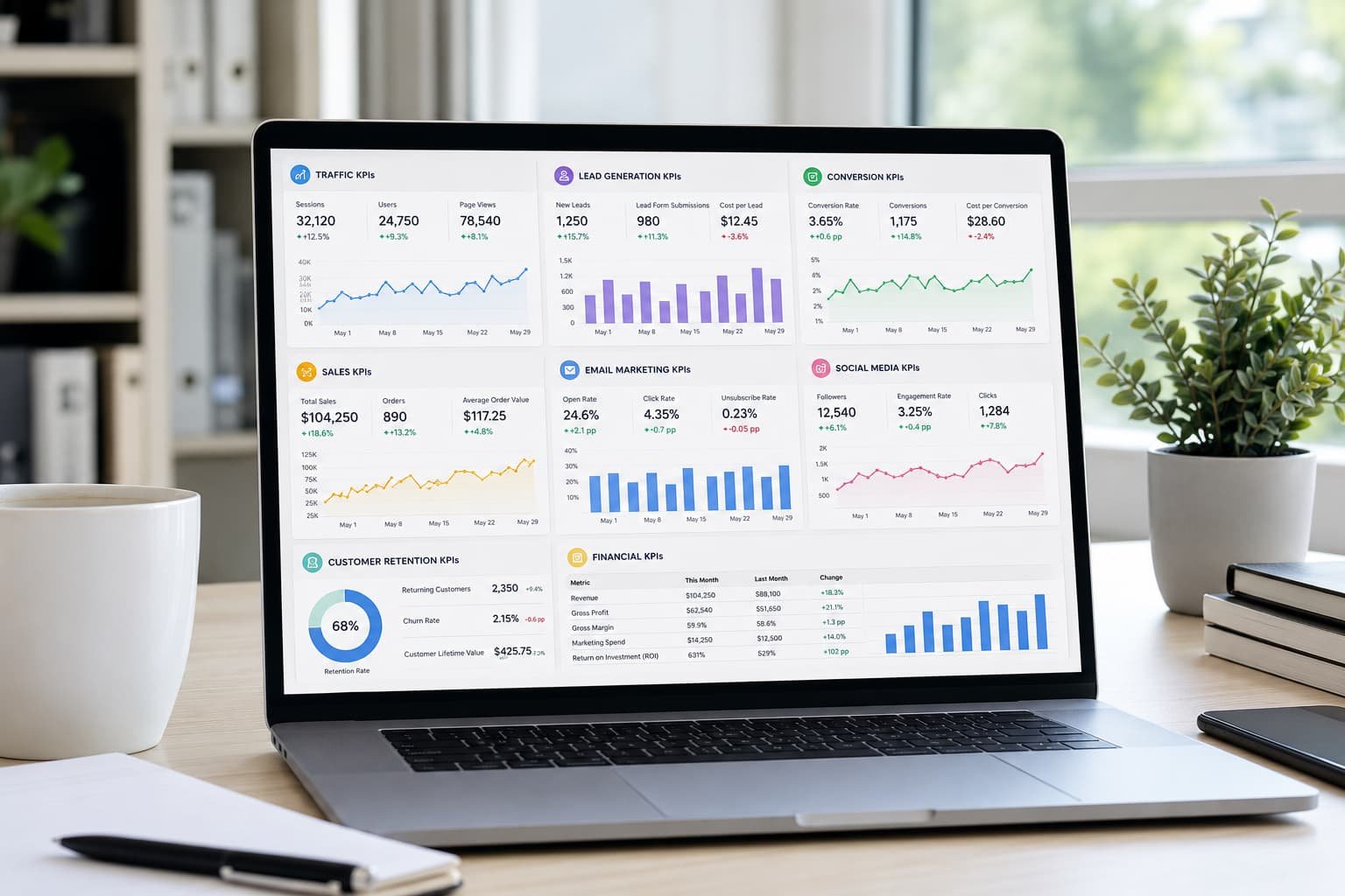 Dashboard de KPIs de marketing en un ordenador con métricas de tráfico, leads, conversión, ventas y redes sociales