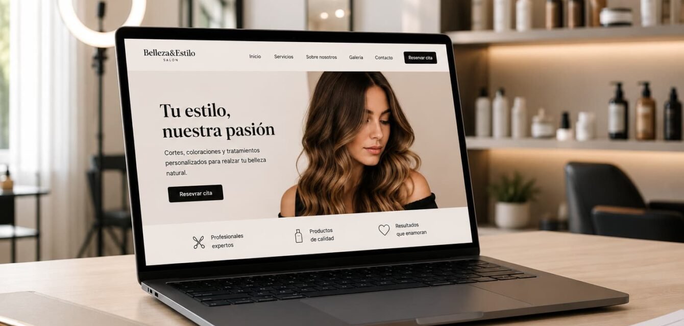 Landing page de peluquería en un portátil para captar clientes online