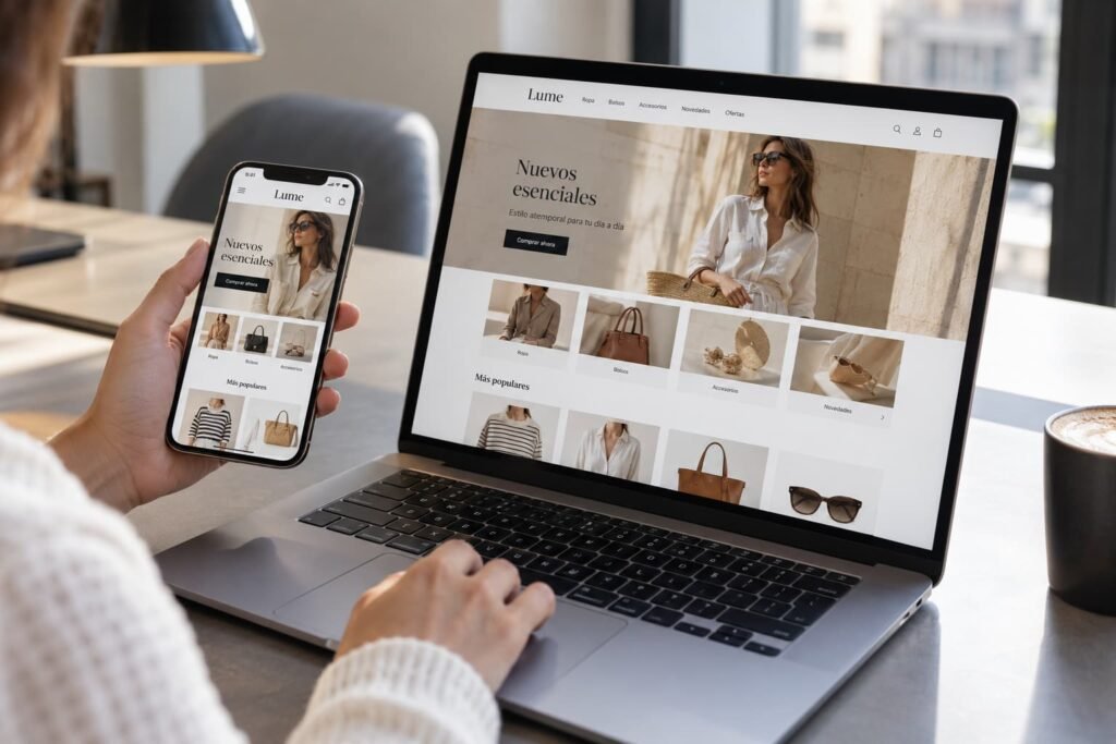 Diseño web responsive en portátil y móvil con una tienda online adaptada a diferentes dispositivos