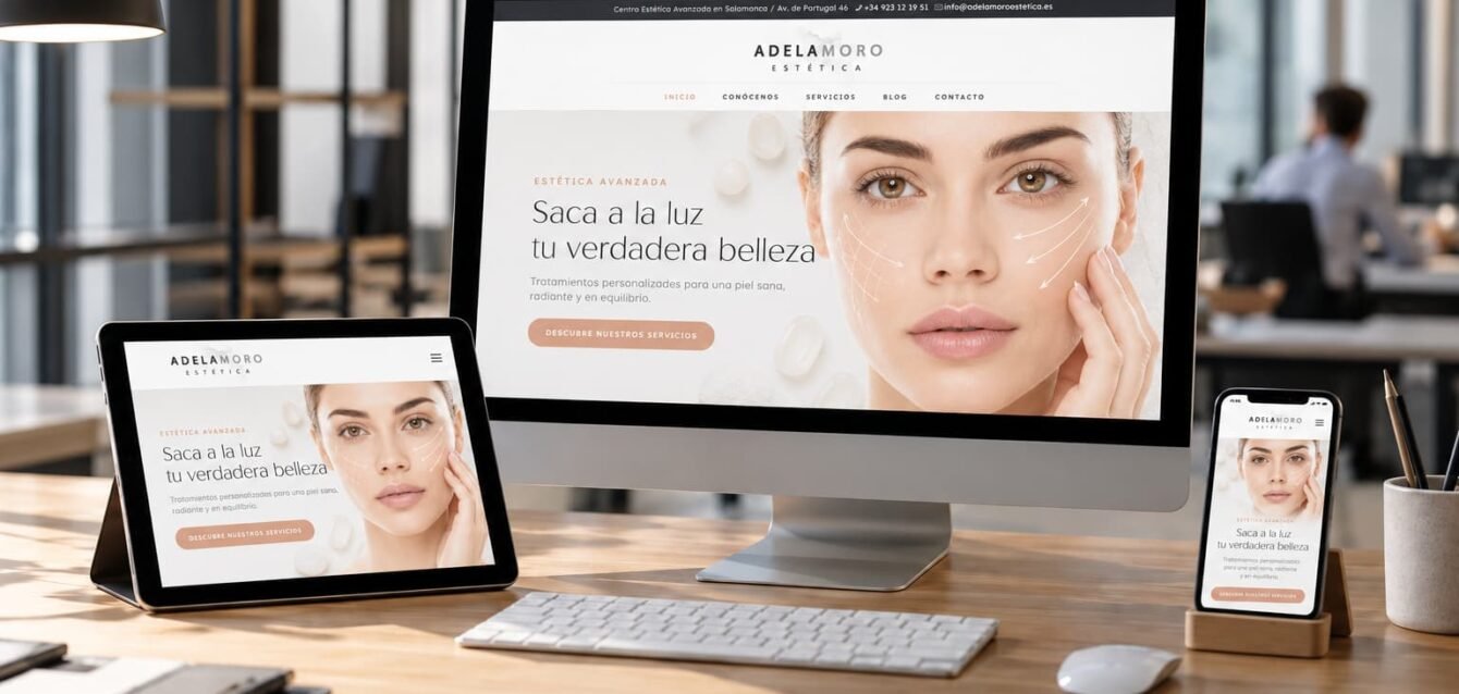 Diseño web responsive mostrado en ordenador, tablet y móvil con una web de estética adaptada a distintos dispositivos