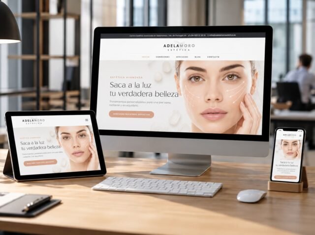 Diseño web responsive mostrado en ordenador, tablet y móvil con una web de estética adaptada a distintos dispositivos