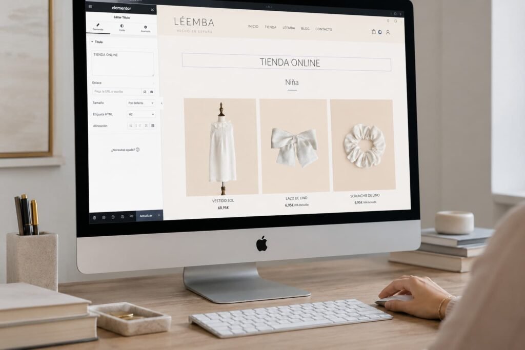 Mantenimiento web WordPress con edición de textos y productos de una tienda online mediante Elementor en un ordenador Mac