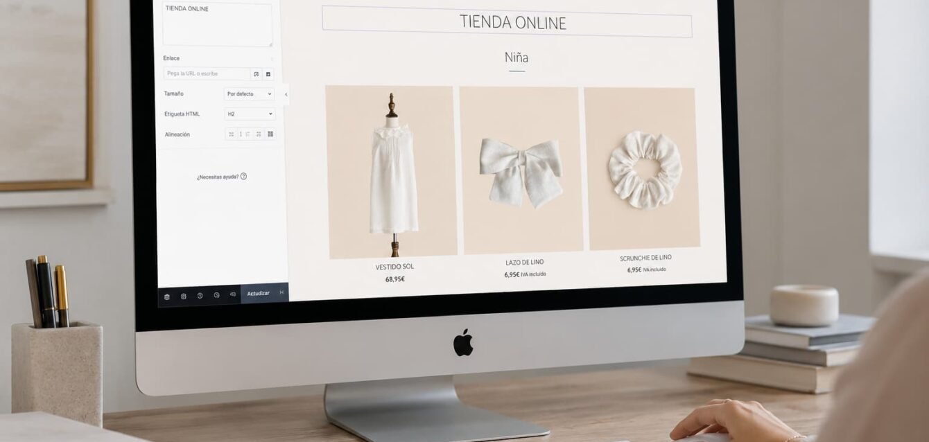 Mantenimiento web WordPress con edición de textos y productos de una tienda online mediante Elementor en un ordenador Mac