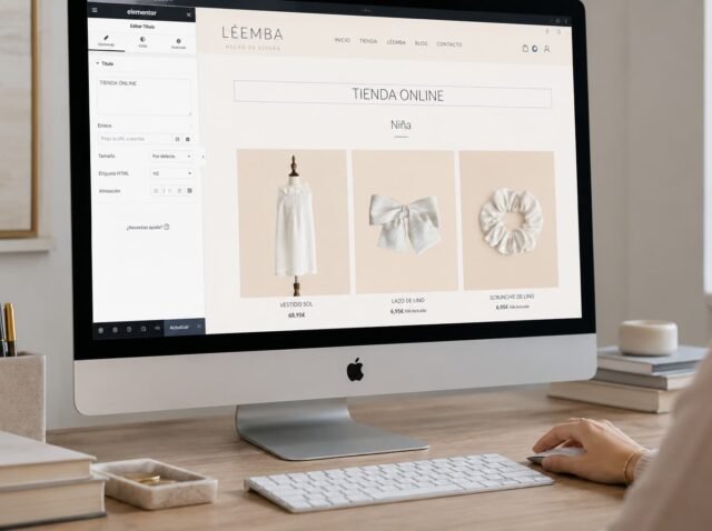 Mantenimiento web WordPress con edición de textos y productos de una tienda online mediante Elementor en un ordenador Mac